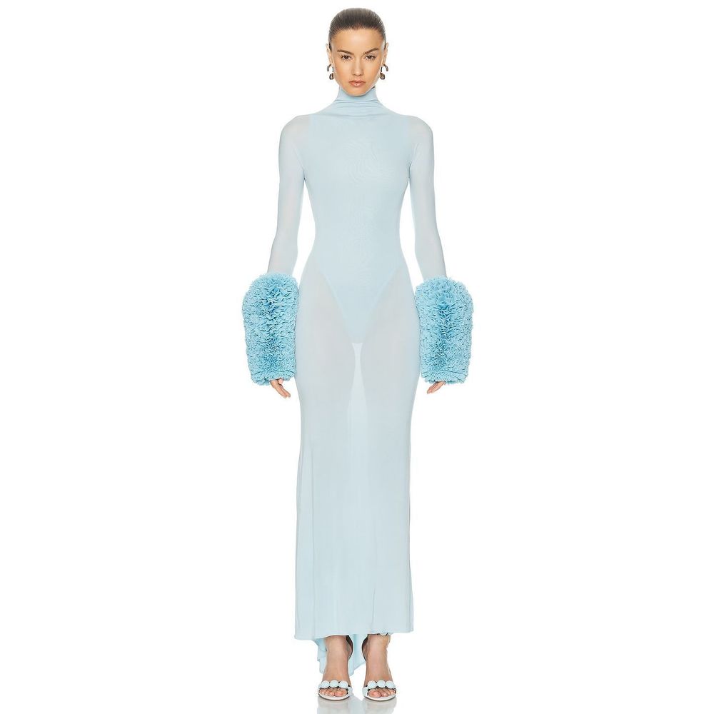 New Alaia Ruffle Dress in Ciel blue long sleeve maxi jersey bodycon - Picture 15 of 15